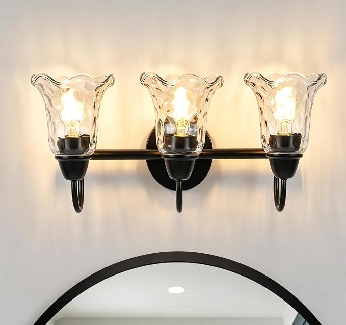 Bathroom Light Fixtures over Mirror, 3 Lights Vintage Wall Sconces with Hammered Glass Shade, 19.3" Matte Black Farmhouse Bathroom Wall Light Fixtures for Bedroom, Porch, Hotel, Mirror Cabinet