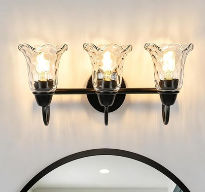 Bathroom Light Fixtures over Mirror, 3 Lights Vintage Wall Sconces with Hammered Glass Shade, 19.3" Matte Black Farmhouse Bathroom Wall Light Fixtures for Bedroom, Porch, Hotel, Mirror Cabinet