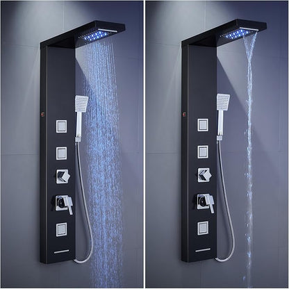 MENATT LED Shower Panel Tower System, Bathroom 5-Function Shower Panel Tower with LED Rainfall Waterfall Shower Head, Massage Jets, Tub Spout, Handheld Shower, Black