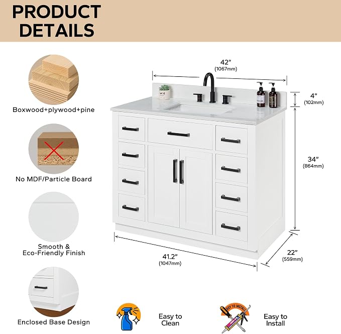 42-inch White Bathroom Vanity with Sink, Solid Wood, 0.79-inch Stone Countertop and Backsplash, 9 Drawers, 2 Soft Closing Doors