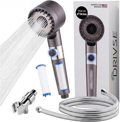 Filtered Shower Head for Hard Water | Ion Drops | 3 Spray Modes | High Pressure Handheld Shower Head with Stainless Steel Hose | Tool-Free Install | Softer Skin & Healthier Hair