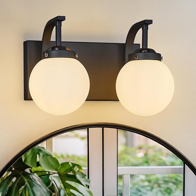 2 Lights Bathroom Vanity Light Fixtures Modern Sand Black Vanity Light with Milk White Glass Globe Shade Bathroom Lighting Over Mirror Wall Sconce for Bedroom Living Room Hallway