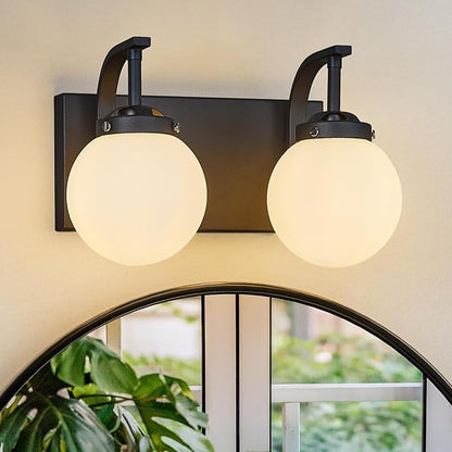 2 Lights Bathroom Vanity Light Fixtures Modern Sand Black Vanity Light with Milk White Glass Globe Shade Bathroom Lighting Over Mirror Wall Sconce for Bedroom Living Room Hallway