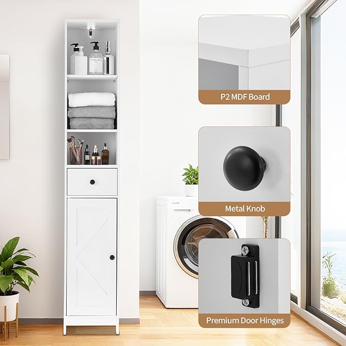 GarveeHome Tall Narrow Bathroom Cabinet, 66.9" Small Skinny Bathroom Storage Cabinet for Small Spaces | Freestanding Water Resistant Organizer for Bathroom, Kitchen, Hallway (3 Open Shelves, White)