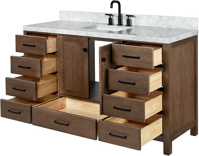 ARIEL Cambridge 60-inch Bathroom Vanity with Sink,Solid Wood, 1.5-inch Italian Carrara Marble Countertop, Single Rectangular Porcelain Sink, 2 Soft Closing Doors, 9 Dovetail Drawers, Brown Oak
