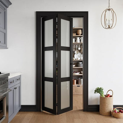Bifold Doors for 36" x 80" Opening,Tempered Frosted Glass,Black | Closet Folding Doors with Hardware kit Included, Easy Assembly for Pantry Closet,Water-Proof PVC Surface