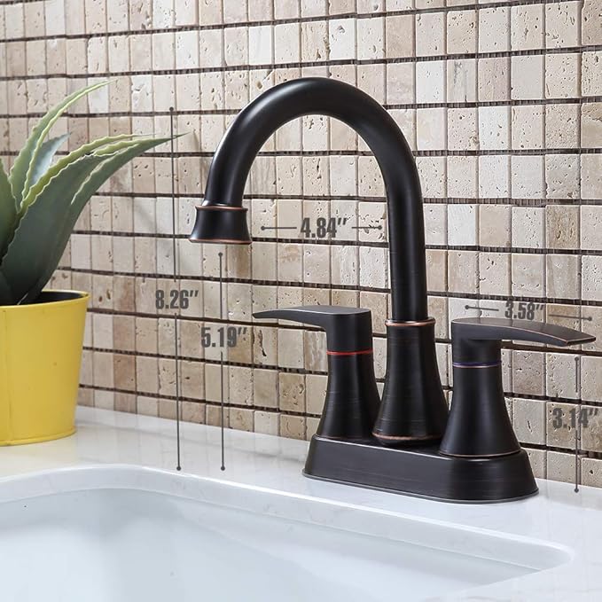 Lead-Free 2-Handle Oil Rubbed Bronze Bathroom Sink Faucet, 360° Swivel High-Arc Spout 4 Inch Centerset Bath Lavatory Vanity Faucets Set for Bathroom Sinks with Drain & Water Hoses, VABM80008H