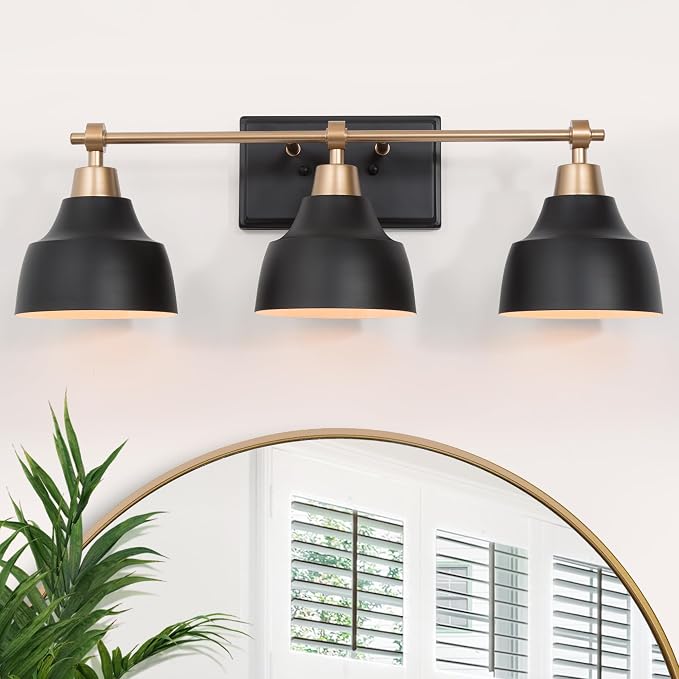 Black Bathroom Vanity Light Fixtures, 3-Light Brass Modern Farmhouse Gold Vanity Wall Lamp Over Mirror with Metal Globe for Hallway, Bedroom, Kitchen, and Living Room