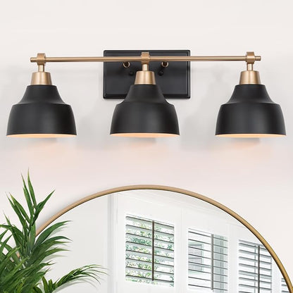 Black Bathroom Vanity Light Fixtures, 3-Light Brass Modern Farmhouse Gold Vanity Wall Lamp Over Mirror with Metal Globe for Hallway, Bedroom, Kitchen, and Living Room