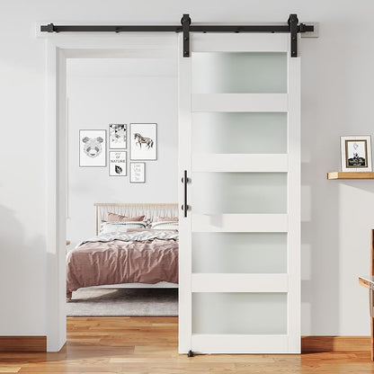 32'' x 96'' Glass Barn Door and 6 Ft Hardware Kit Included, MDF White Barn Door Slab with Frosted Glass, PVC Surface, Combined with Handle and Floor Guide-Assembly Required, White