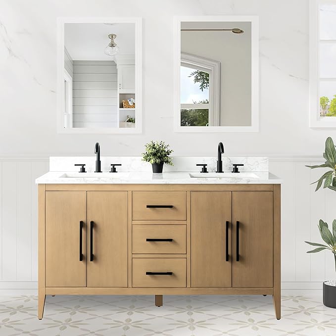 HomeBeyond 60 Inch Bathroom Vanity with Sink & Ceramic Top, Double Vanity Cabinet with Basin, Soft-Closing Doors & Matte Black Hardware, Natural Oak