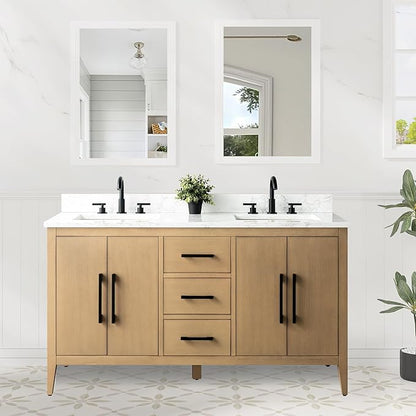 HomeBeyond 60 Inch Bathroom Vanity with Sink & Ceramic Top, Double Vanity Cabinet with Basin, Soft-Closing Doors & Matte Black Hardware, Natural Oak