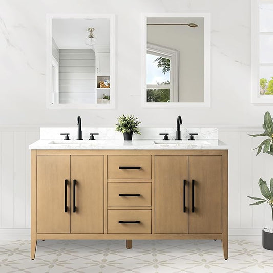 HomeBeyond 60 Inch Bathroom Vanity with Sink & Ceramic Top, Double Vanity Cabinet with Basin, Soft-Closing Doors & Matte Black Hardware, Natural Oak