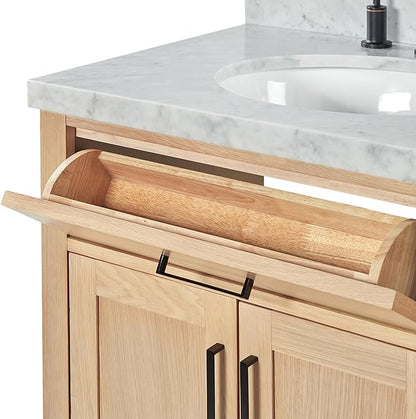 ARIEL Hepburn 72-inch Bathroom Vanity with Sink,Solid Wood, 1.5-inch Italian Carrara Marble Countertop & Backsplash, Double Oval Porcelain Sink, 4 Soft Closing Doors, 6 Dovetail Drawers, White Oak