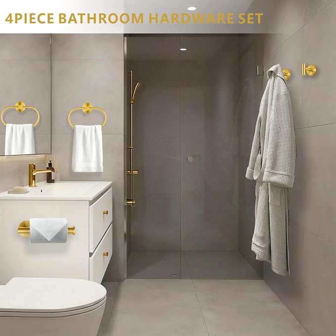 Bathroom Hardware Set Includes Towel Ring, Toilet Paper Holder and 2 Towel Hooks, SUS304 Stainless Steel Modern Wall-Mounted Bathroom Set, Rustproof Bathroom Fitting Set (Brushed Gold)