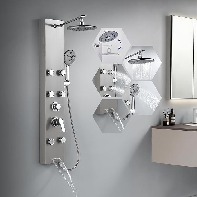 ROVATE Rainfall Shower Panel Tower System with Adjsutable Powerful Body Massage Jets, Flexible Handheld and Waterfall Tub Spout, Stainless Steel High Pressure Shower Column with Brass Valve Body