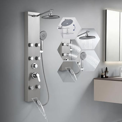 ROVATE Rainfall Shower Panel Tower System with Adjsutable Powerful Body Massage Jets, Flexible Handheld and Waterfall Tub Spout, Stainless Steel High Pressure Shower Column with Brass Valve Body