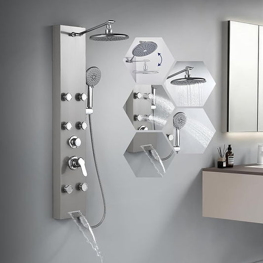 ROVATE Rainfall Shower Panel Tower System with Adjsutable Powerful Body Massage Jets, Flexible Handheld and Waterfall Tub Spout, Stainless Steel High Pressure Shower Column with Brass Valve Body