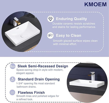 Semi Recessed Bathroom Sink 21"x13" Vessel Sink Drop-in White Porcelain Ceramic Modern Rectangular Sinks Basin Vanity Sinks with Overflow for Bathrooms