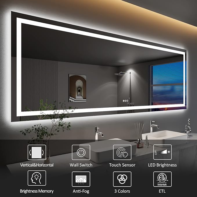 LED Bathroom Mirror, 96"X36" with Front Light and Backlit | Stepless Dimmable, Anti-Fog, Shatter-Proof, HD Reflection, Memory, 3 Colors Lighting, UL Listed.