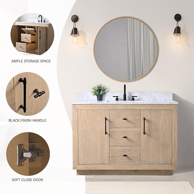 HOMEBEYOND 48 Inch Bathroom Vanity with Single Sink & Ceramic Top, MDF Material Vanity Cabinet with Basin Combo, Soft-Closing Doors, Removable Shelf, Backsplash