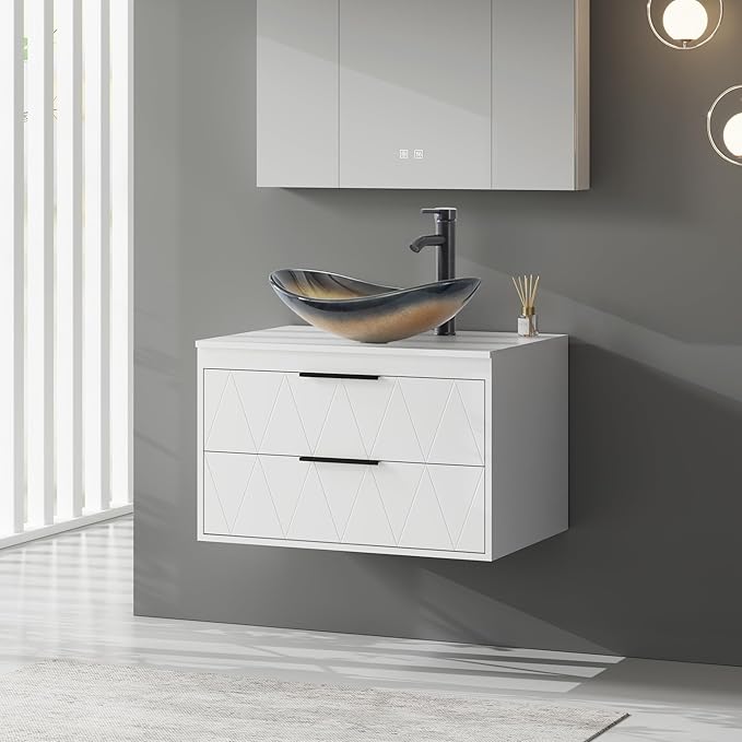eclife 30" Floating Bathroom Vanities with Sink Combo, Wall Mounted Modern Cabinet W/Diamond Line Pattern Design, Champagne Boat Glass Vessel Sink W/Water Save Faucet & Pop Up Drain, White
