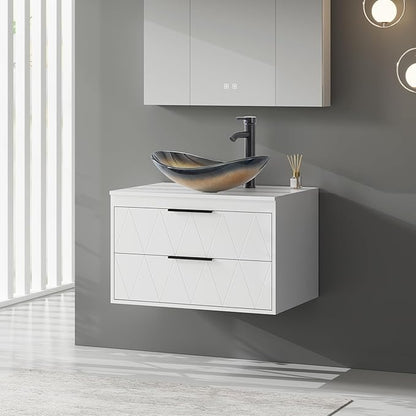 eclife 30" Floating Bathroom Vanities with Sink Combo, Wall Mounted Modern Cabinet W/Diamond Line Pattern Design, Champagne Boat Glass Vessel Sink W/Water Save Faucet & Pop Up Drain, White