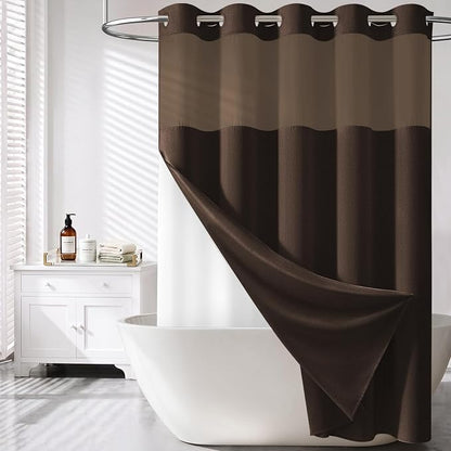 72x87 Ringless Linen Textured Shower Curtain with Snap in Liner, Brown | Extra Long Size, 3 in 1 Durable Fabric Shower Curtain, Removable Liner, Waterproof & Washable, Mesh Top Window, Easy Setup