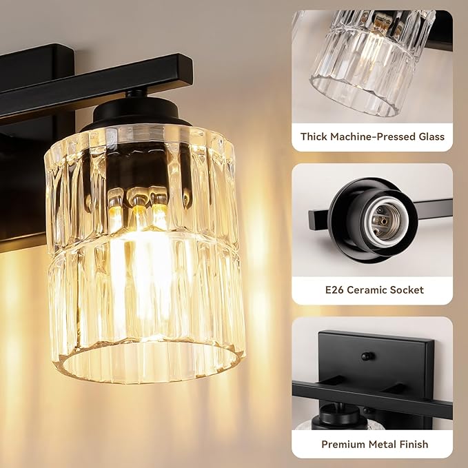 TALOYA Brushed Black 2 Pack Wall Sconces with Fluted Cylinder Glass Shade | Modern Vanity Lighting Fixtures, Bathroom Lights Over Mirror, Wall Mount Mirror Light Fixtures for Bathroom Hallway Bedroom