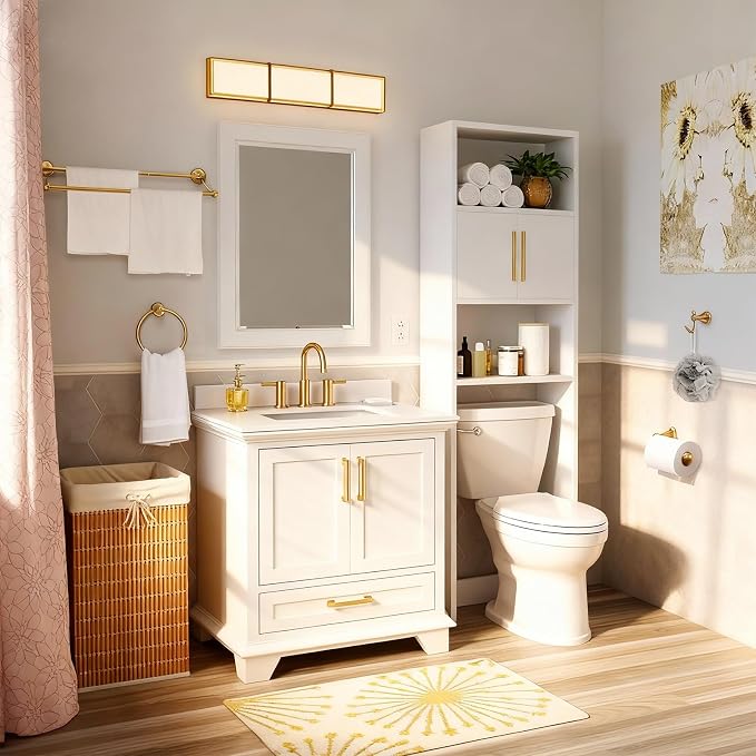 4 Piece Antique Brass Bathroom Accessories Set - 16"-27.7" Solid Brass Towel Rack, Double Vintage Towel Bar - Wall Mounted Antique Gold Bathroom Hardware