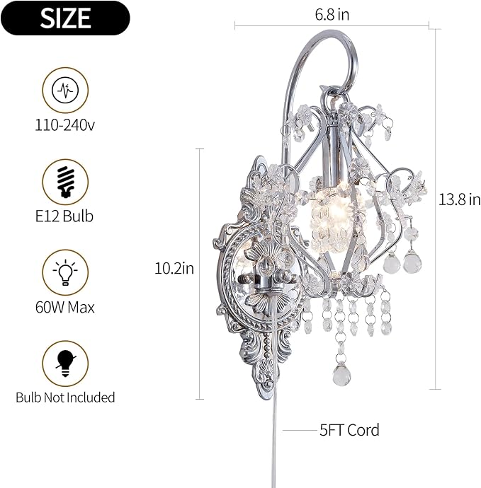 Silver Crystal Vintage Indoor Plug in Cord Wall Sconces Light Set of 2 | Modern Wall Mounted Lamp Light Fixture for Bedroom Living Room Bathroom Vanity Light Hallway Light Fixture Decor LED E12