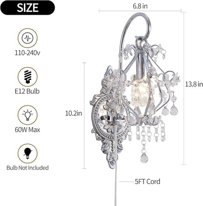 Silver Crystal Vintage Indoor Plug in Cord Wall Sconces Light Set of 2 | Modern Wall Mounted Lamp Light Fixture for Bedroom Living Room Bathroom Vanity Light Hallway Light Fixture Decor LED E12