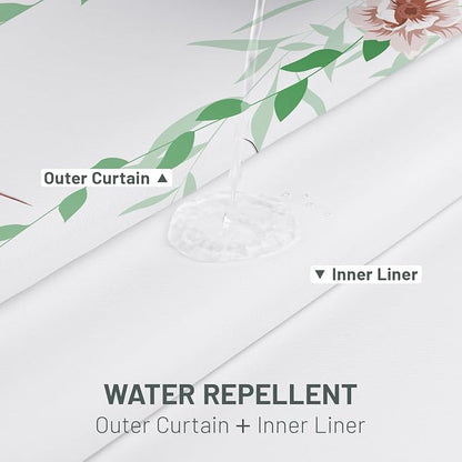 No Hook Floral Shower Curtain with Liner, Green Pink, 71x74 | Snap in Liner, 3 in 1, Water Repellent, Easy Install, Machine Washable, Hotel Style for Bathroom, Watercolor Pattern