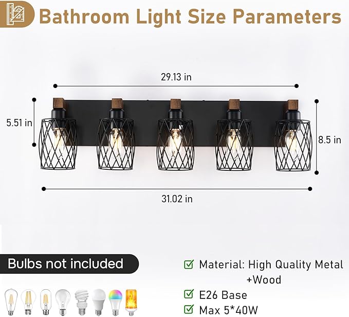 5-Light Farmhouse Bathroom Vanity Light, Wood Bathroom Lighting Fixtures Over Mirror, Black Vanity Light Fixtures with Cage Metal Shade, Rustic Bathroom Light with E26 Base