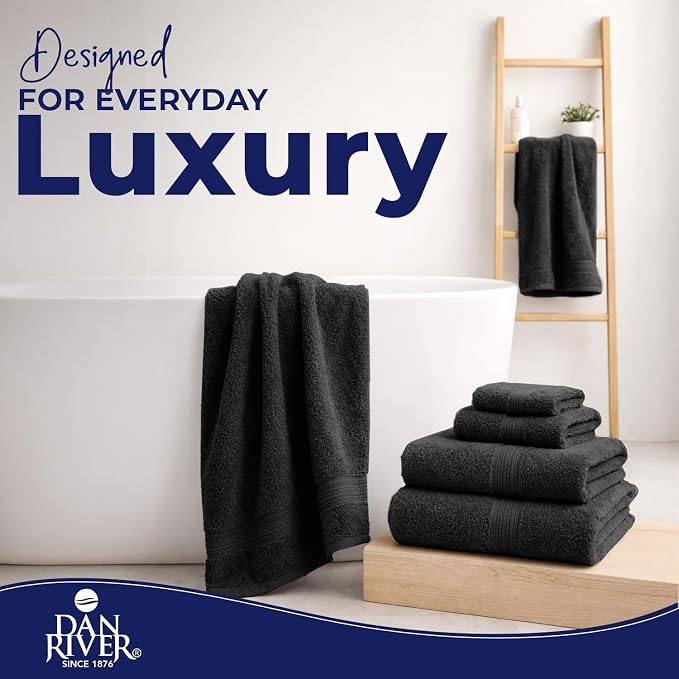 DAN RIVER 8 Piece Luxury Bath Towels for Bathroom, Towel Set, Black | 2 Bath towels, 2 Hand towels, and 4 Wash Cloths, 600 GSM 100% Ring Spun Cotton, Highly Absorbent, Gym, Hotel, guest, and Spa