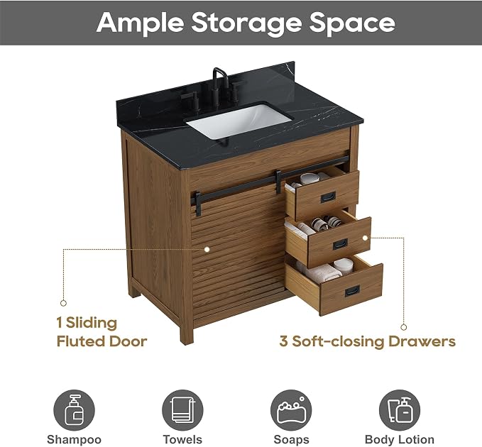 36 Inch Farmhouse Bathroom Vanity with Sink, Walnut | Pre Assembled Freestanding Bathroom Sink Cabinet, Sliding Barn Doors & Soft-Closing Drawers, Single Sink, Adjustable Feet