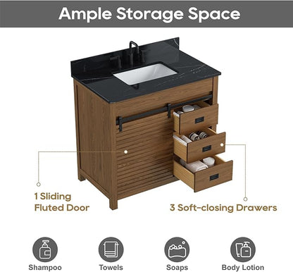 36 Inch Farmhouse Bathroom Vanity with Sink, Walnut | Pre Assembled Freestanding Bathroom Sink Cabinet, Sliding Barn Doors & Soft-Closing Drawers, Single Sink, Adjustable Feet