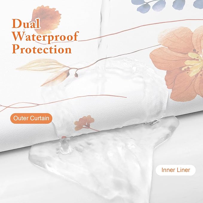 Extra Long 3 in 1 Shower Curtain Set, Orange Navy Watercolor Floral Bath Curtain and PEVA Liner Set with 12 Double Sided Steel Hooks, Waterproof Fabric Bathroom Curtain 72x84