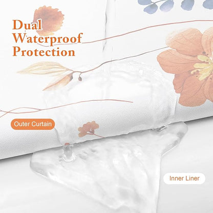 Extra Long 3 in 1 Shower Curtain Set, Orange Navy Watercolor Floral Bath Curtain and PEVA Liner Set with 12 Double Sided Steel Hooks, Waterproof Fabric Bathroom Curtain 72x84
