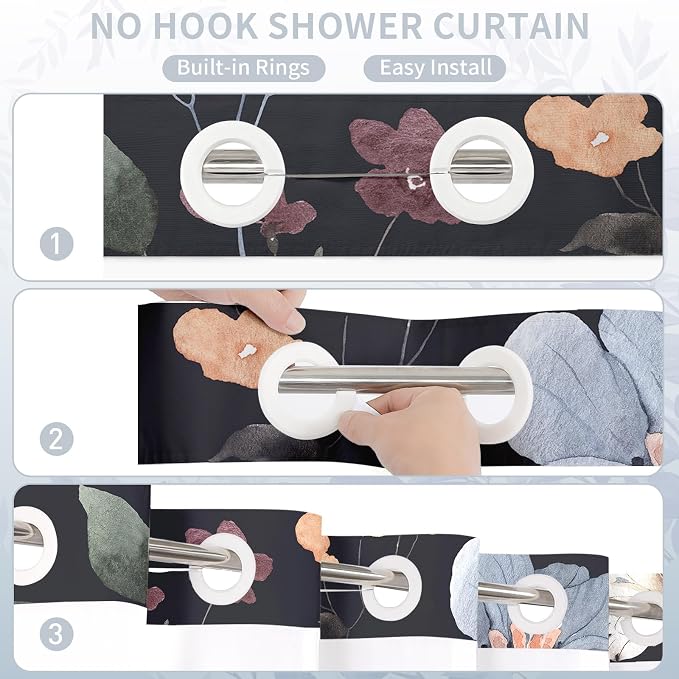 Litabel No Hook Black Watercolor Floral Shower Curtain and Liner Set, 36x74 | Flower Shower Curtains with Snap-in Liner for Farmhouse Bathroom Decor, Botanical Bathroom Curtain with Leaves