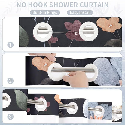 Litabel No Hook Black Watercolor Floral Shower Curtain and Liner Set, 36x74 | Flower Shower Curtains with Snap-in Liner for Farmhouse Bathroom Decor, Botanical Bathroom Curtain with Leaves