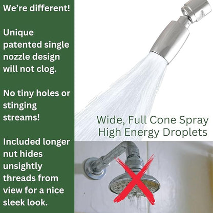 High Sierra® Classic™ Solid Metal 1.5 GPM Award Winning, Ultra Low Flow Shower Head. Patented Nozzle Never Clogs. Long Nut Hides Shower Arm Threads. Polished Chrome Finish
