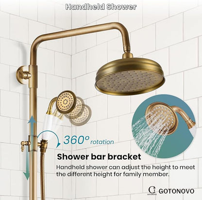 gotonovo Luxury Exposed Shower Faucet Set Bathroom Shower System 8 Inch Wall Mount Rainfall Shower Head with Handheld Spray Cross Double Handle Shower Fixture Adjustable Straight Rod Antique brass