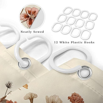 Vintage Boho Beige Floral Shower Curtain, Brown Cream Tan Rustic Farmhouse Flower Shower Curtain Set, Cute Botanical Wlidflowers Fabric Shower Curtains Decoration, 36X72 Aesthetic Bathroom Accessories