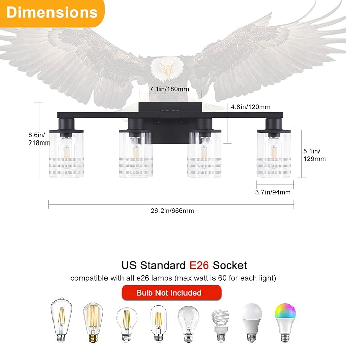 YYT 4 Light Bathroom Light Fixtures Black Vanity Lights for Bathroom Vanity Light Matte Black 4 Light with Clear Glass Shades