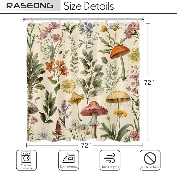 Retro Mushroom Floral Shower Curtain for Bathroom, Boho Botanical Witchy Bathroom Curtains Set Farmhouse Wildflower Aesthetics Shower Curtain with Hooks, 72W X 78L Inches