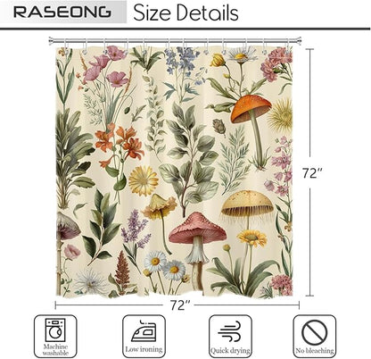 Retro Mushroom Floral Shower Curtain for Bathroom, Boho Botanical Witchy Bathroom Curtains Set Farmhouse Wildflower Aesthetics Shower Curtain with Hooks, 72W X 78L Inches