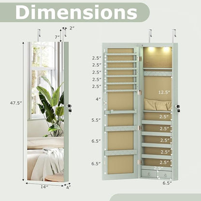 Moccha Wall Door Jewelry Armoire, 47.5" H Full Length Mirrored Jewelry Cabinet with 2 LED Lights and 2 Drawers, Lockable Jewelry Cabinet, Jewelry Organizer Storage for Bedroom (Sage)
