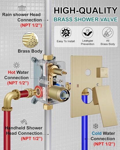 Shower Faucet Set Rainfall Shower System with Square Showerhead and Handle Set Fixture with 2 in 1 Function Handheld Sprayer Wall Mounted Trim Repair Kit Rough-in Valve 8 Inch Brushed Gold