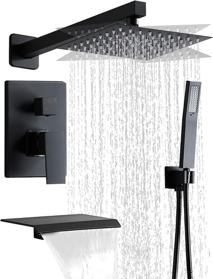 10 Inch Shower Faucet Set, Wall-Mounted Rainfall Shower System with High Pressure Handheld Shower Head, Bathroom Mixer Shower Set Rough-in Valve and Trim Kit, with Tub Spout, Black